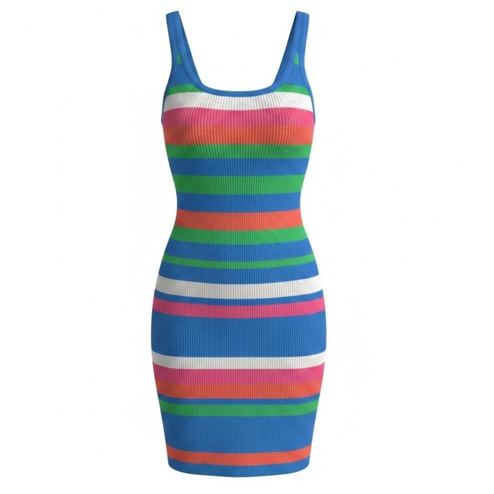 Dreamers By Debut Multi Colored Vibrant Striped Ribbed Bodycon Stretch Dress XS